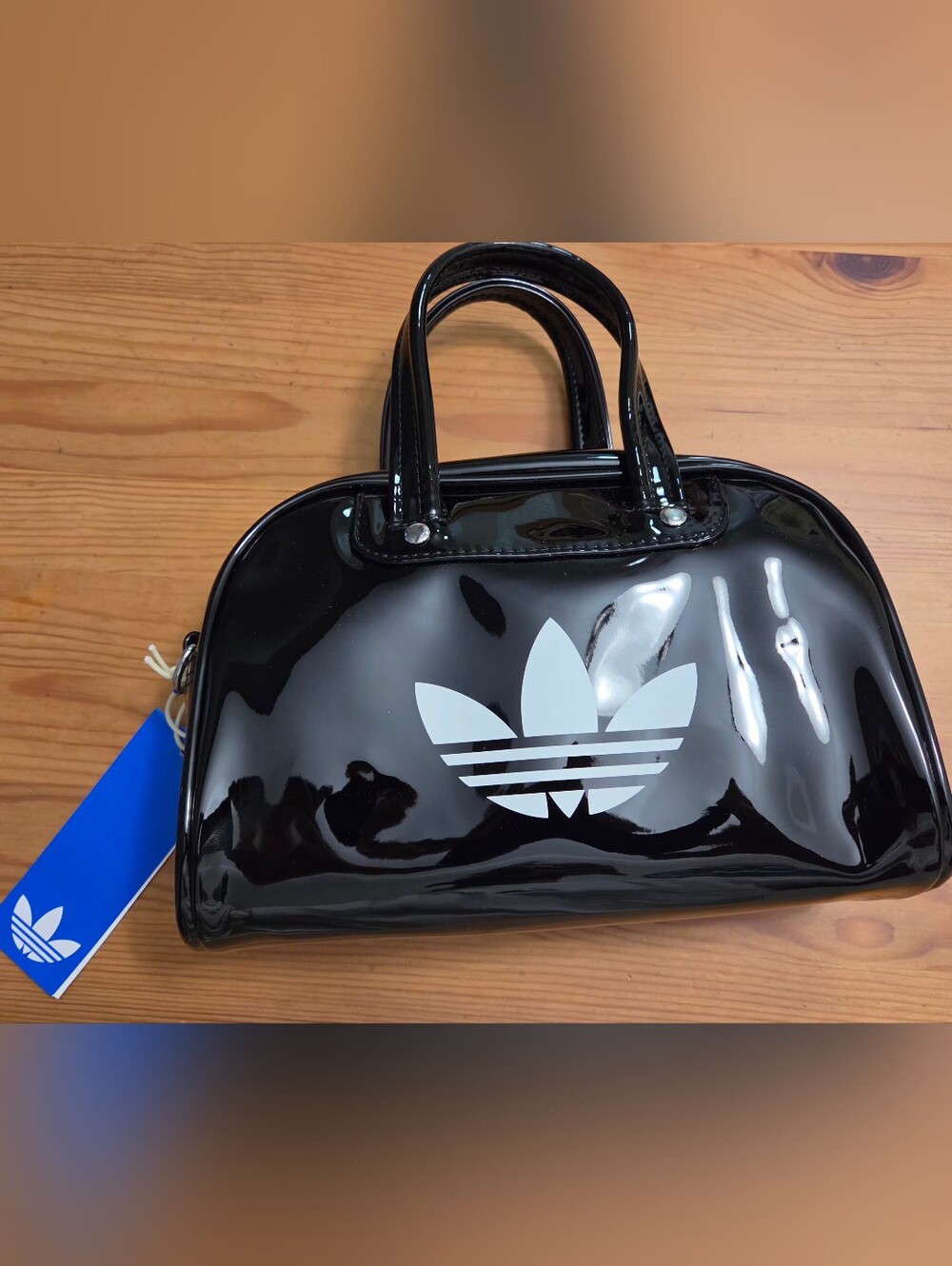 adidas Originals Black Patent Mini Bowling Bag with White Trefoil